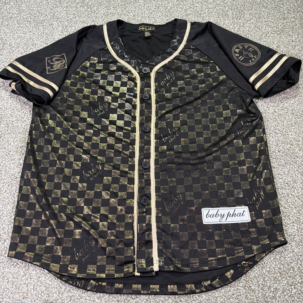 Y2K Baby Phat Jersey With Gold Accents And Checkered Pattern Size 2XL